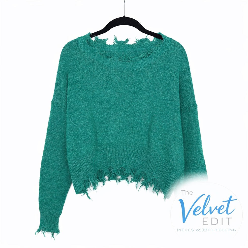 Boutique Distressed Cropped Sweater | Teal Raw Hem Knit | Effortless Boho Style